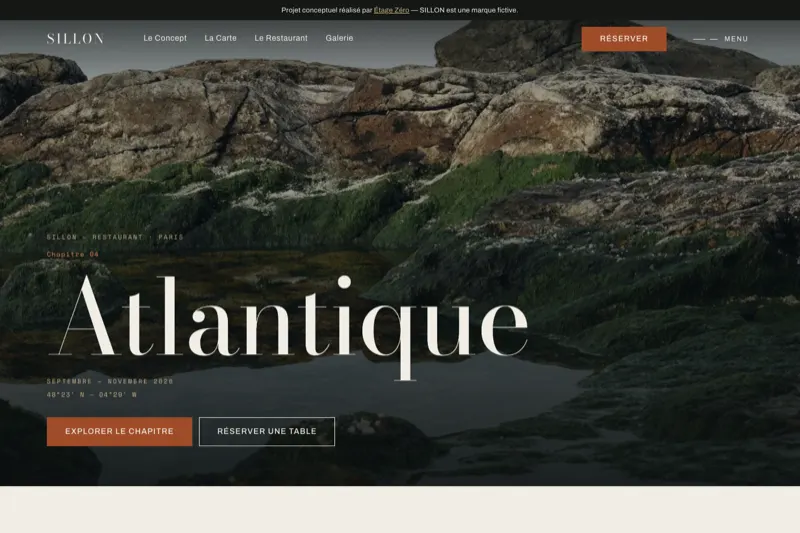 Aperçu du site SILLON : bandeau de démonstration, navigation et le grand titre « Atlantique » posé sur une photo de roche à marée basse