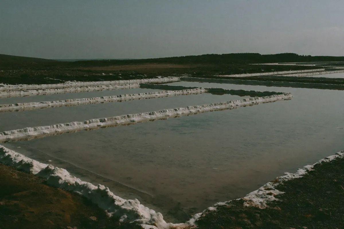 Marais salants sur la côte atlantique, bassins peu profonds et sel en train de sécher